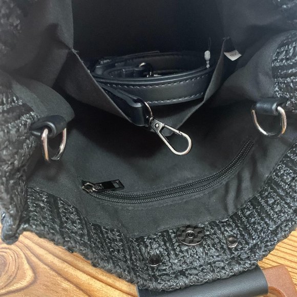 Woven Style Wood Handle Bag With Strap Black - Picture 9 of 9